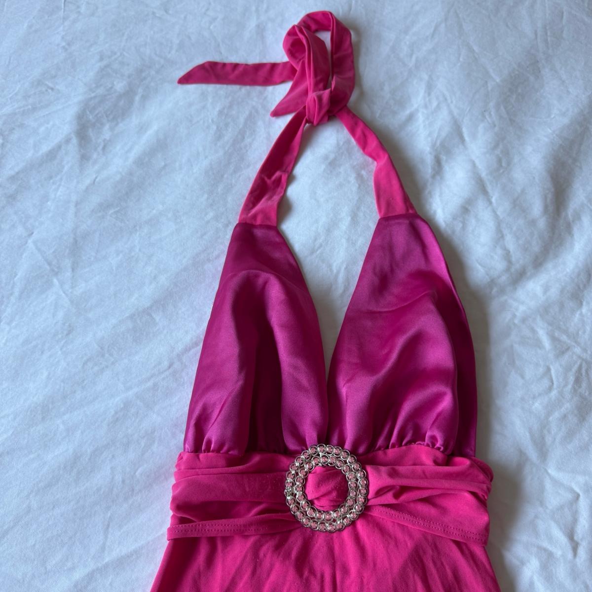 Hot Pink Satin Halter Top w Rhinestone Buckle  Deep V Party - Los Angeles, California - FleaMarketBay