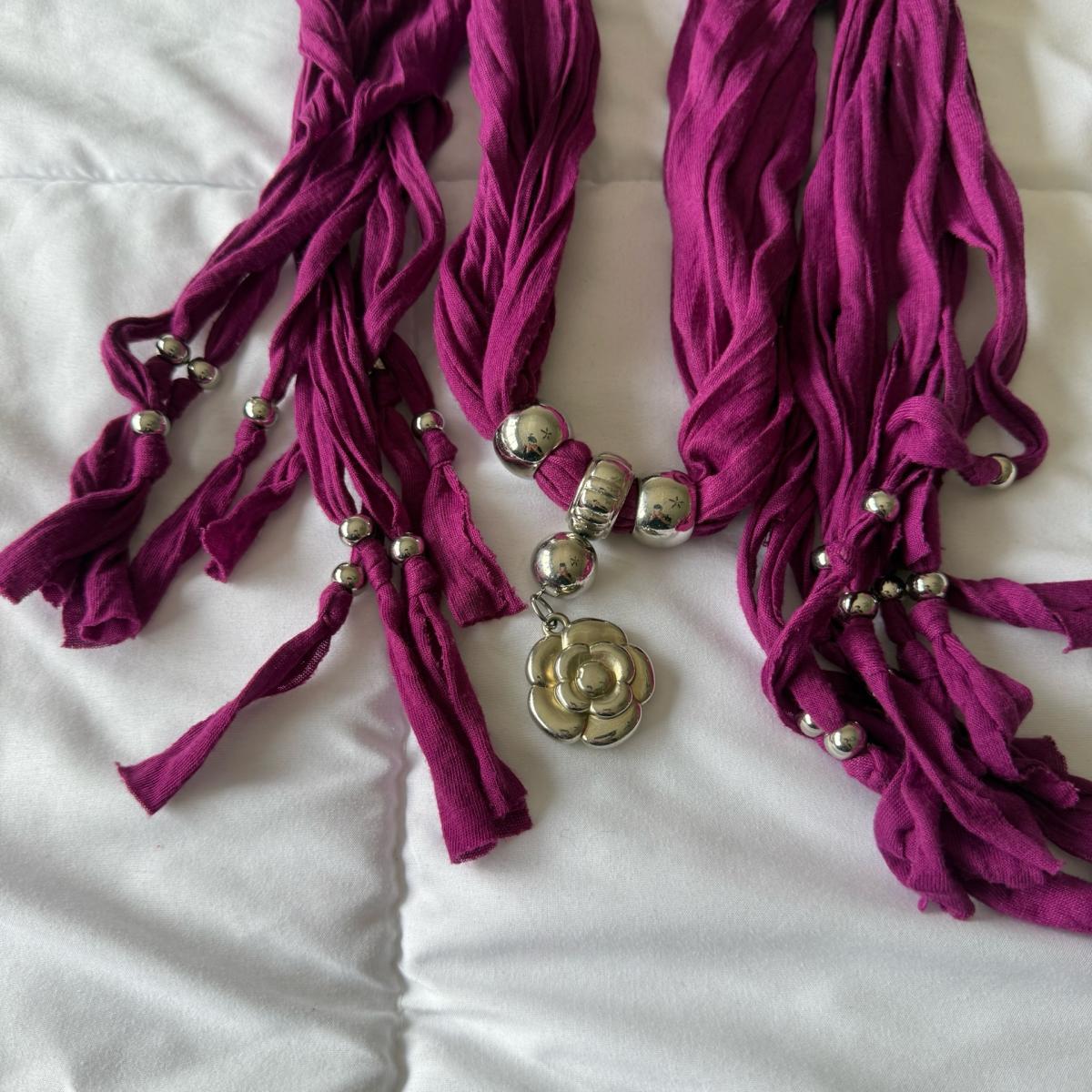 Magenta Statement Scarf Necklace with Silver Beads  Floral P - Los Angeles, California - FleaMarketBay