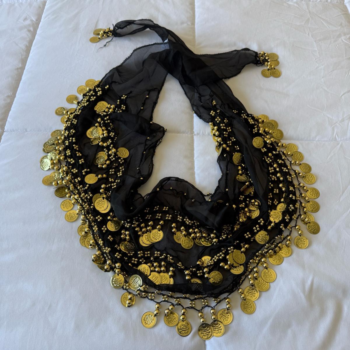 Black Chiffon Belly Dance Hip Scarf with Gold Coin Trim  Tri - Los Angeles, California - FleaMarketBay