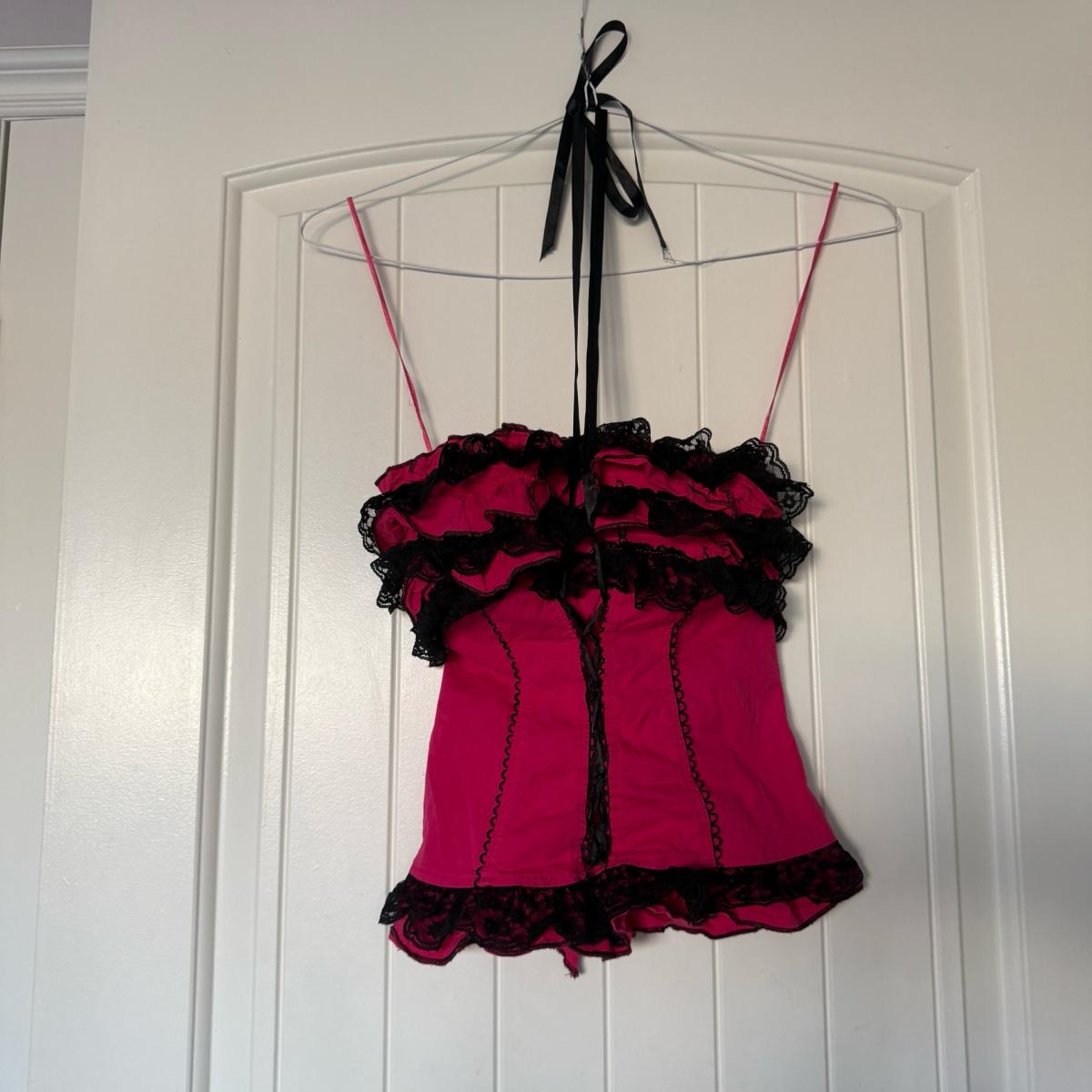 Strapless Hot Pink  Black Lace Ruffled Bustier Top  Padded - Los Angeles, California