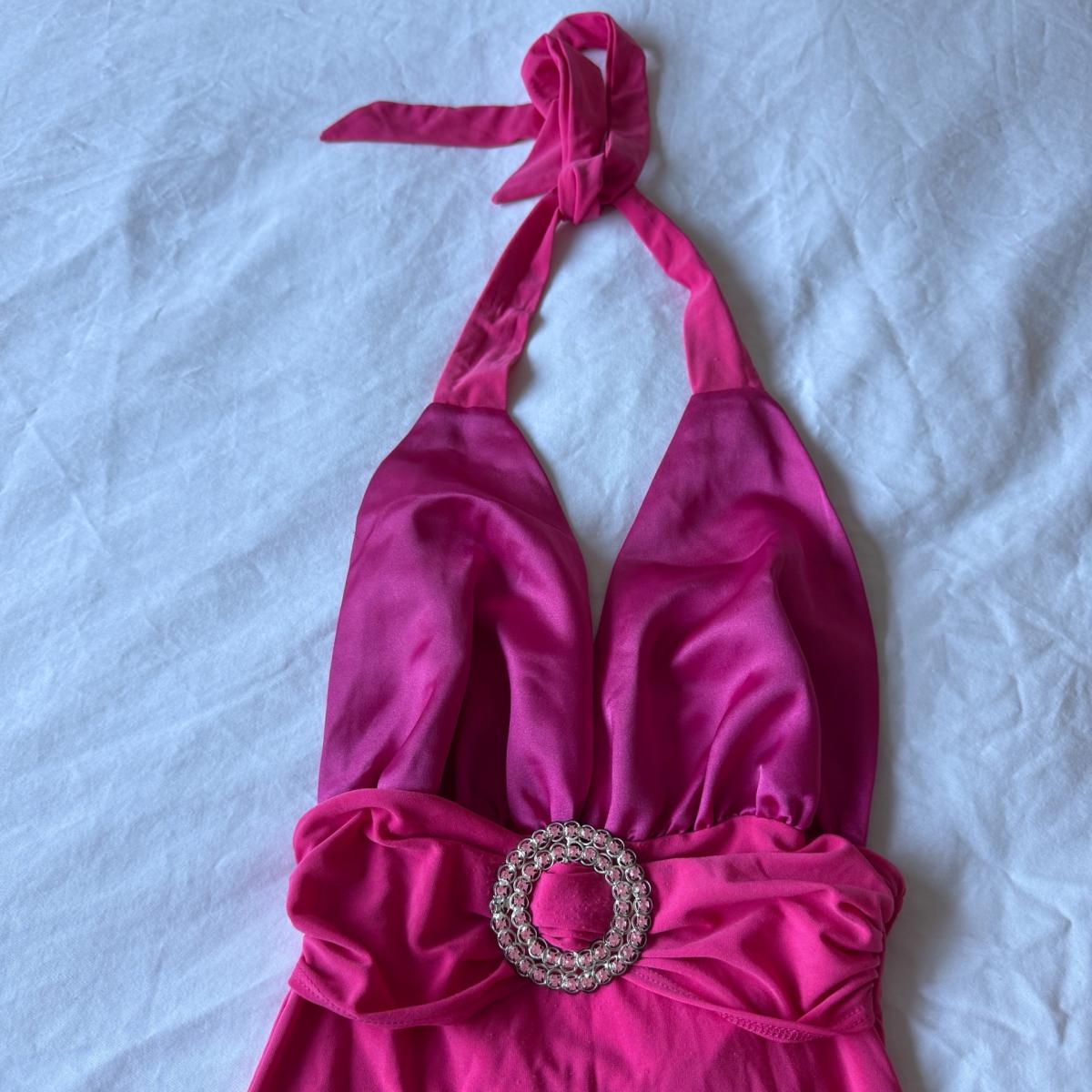 Hot Pink Satin Halter Top w Rhinestone Buckle  Deep V Party - Los Angeles, California - FleaMarketBay