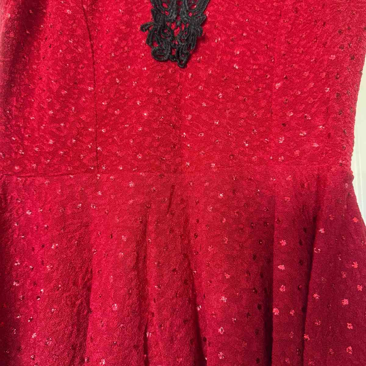 New Red Peplum Top with Black Lace Statement Neckline S - Los Angeles, California - FleaMarketBay