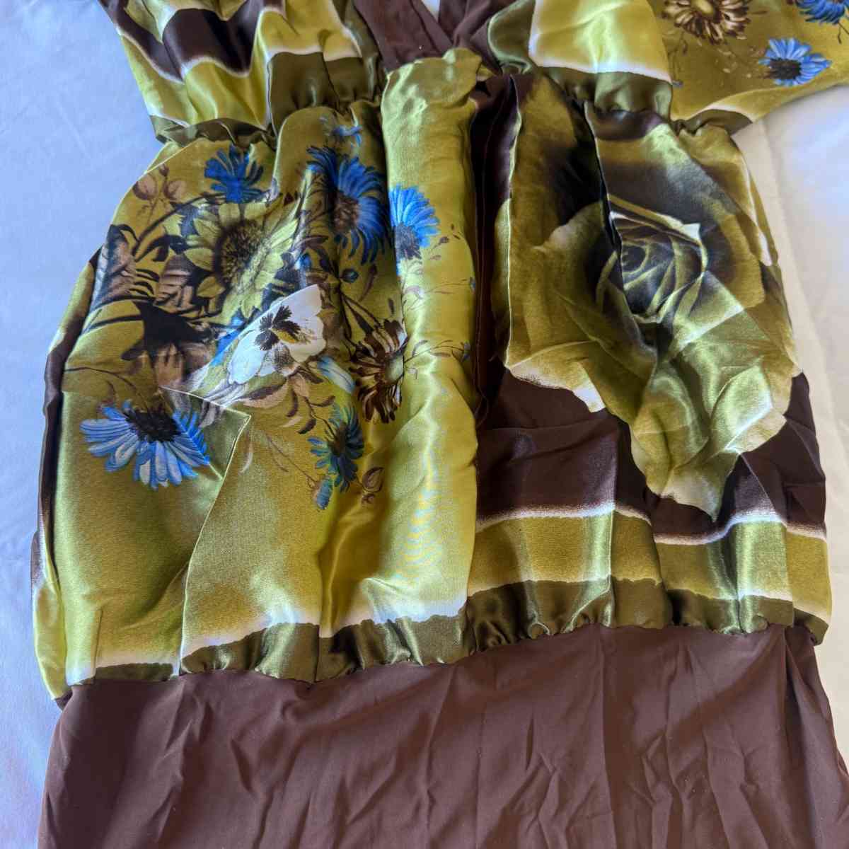 SilkFeel Boho Halter Blouse  Olive Floral Empire Waist State - Los Angeles, California - FleaMarketBay