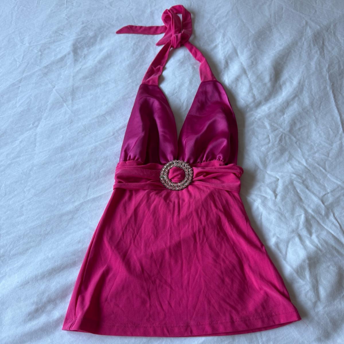 Hot Pink Satin Halter Top w Rhinestone Buckle  Deep V Party