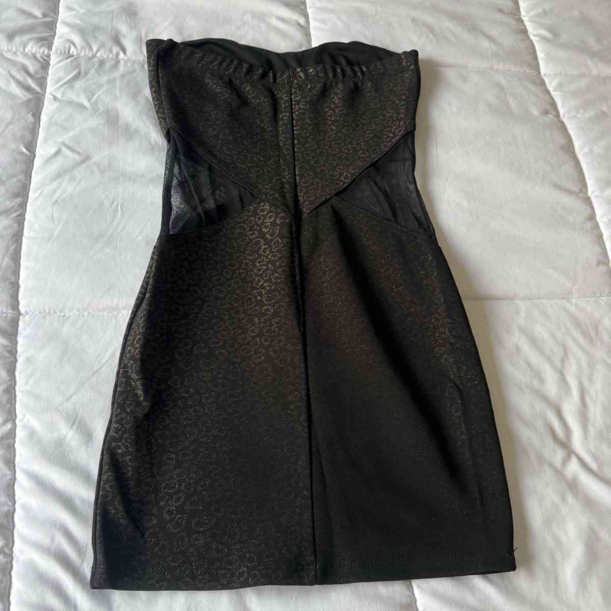 Strapless Black  Gold Animal Print Bodycon Dress with Mesh S - Los Angeles, California - FleaMarketBay
