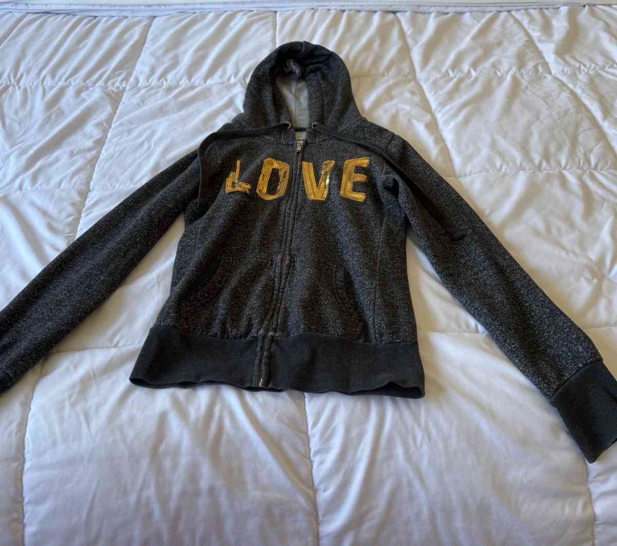 Womens Charcoal ZipUp Hoodie with Gold Sequin LOVE Graphic - Los Angeles, California