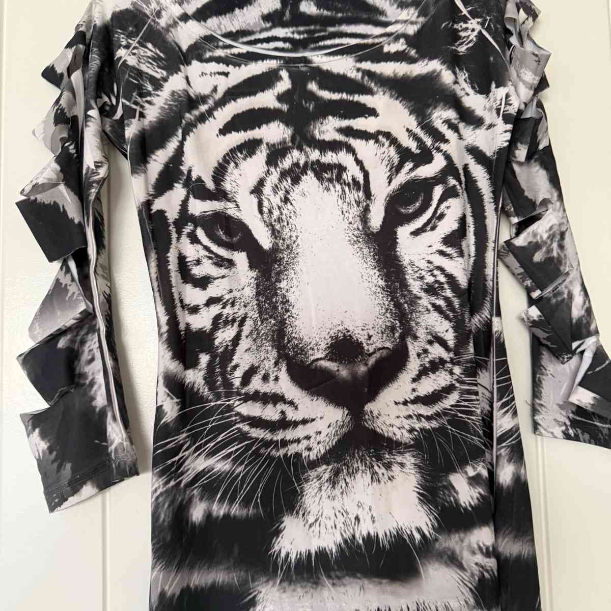 Black  White Tiger Print Bodycon Dress with Ladder CutOut Sl - Los Angeles, California - FleaMarketBay