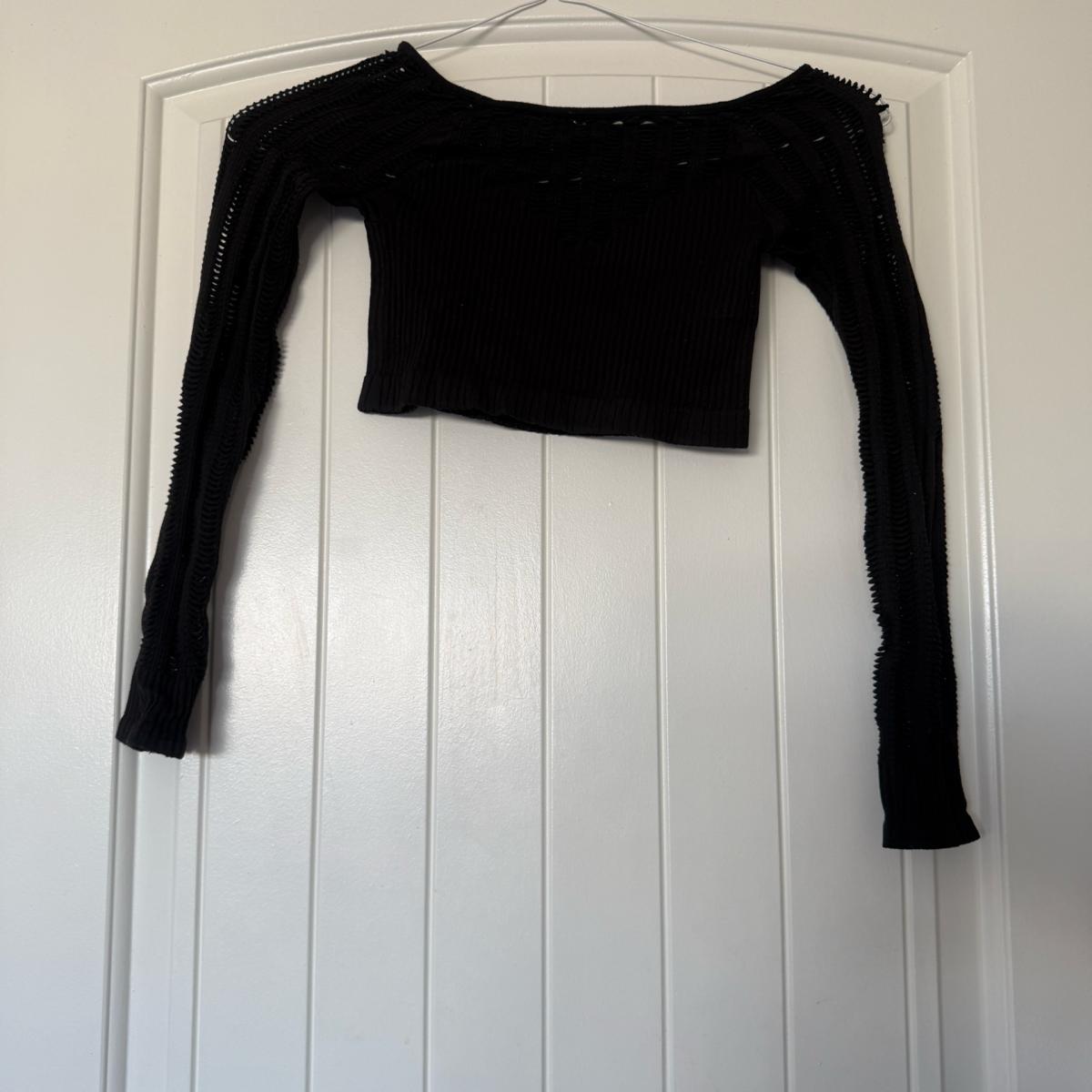 Black OpenKnit Ribbed Long Sleeve Crop Top  Textured Stateme - Los Angeles, California