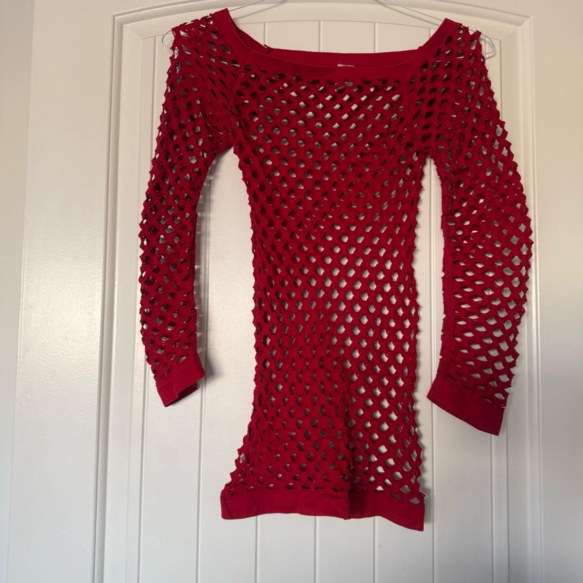 Brand New Red Openwork Knit Long Sleeve Top  Sheer Lattice - Los Angeles, California