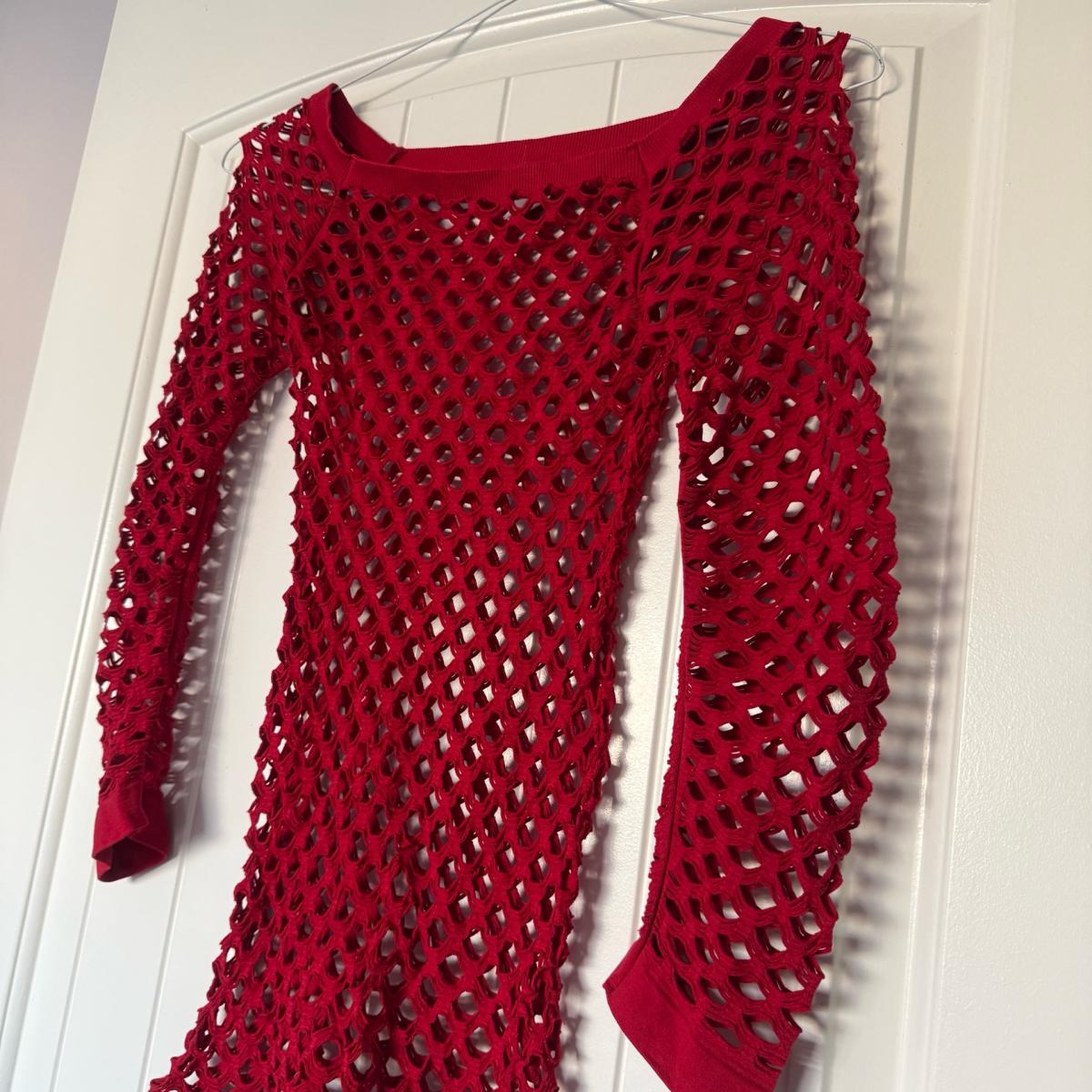 Brand New Red Openwork Knit Long Sleeve Top  Sheer Lattice S - Los Angeles, California - FleaMarketBay