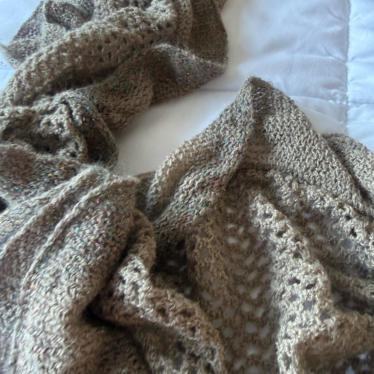 Taupe Metallic Knit Infinity Scarf with Ruffled Edge - Los Angeles, California - FleaMarketBay