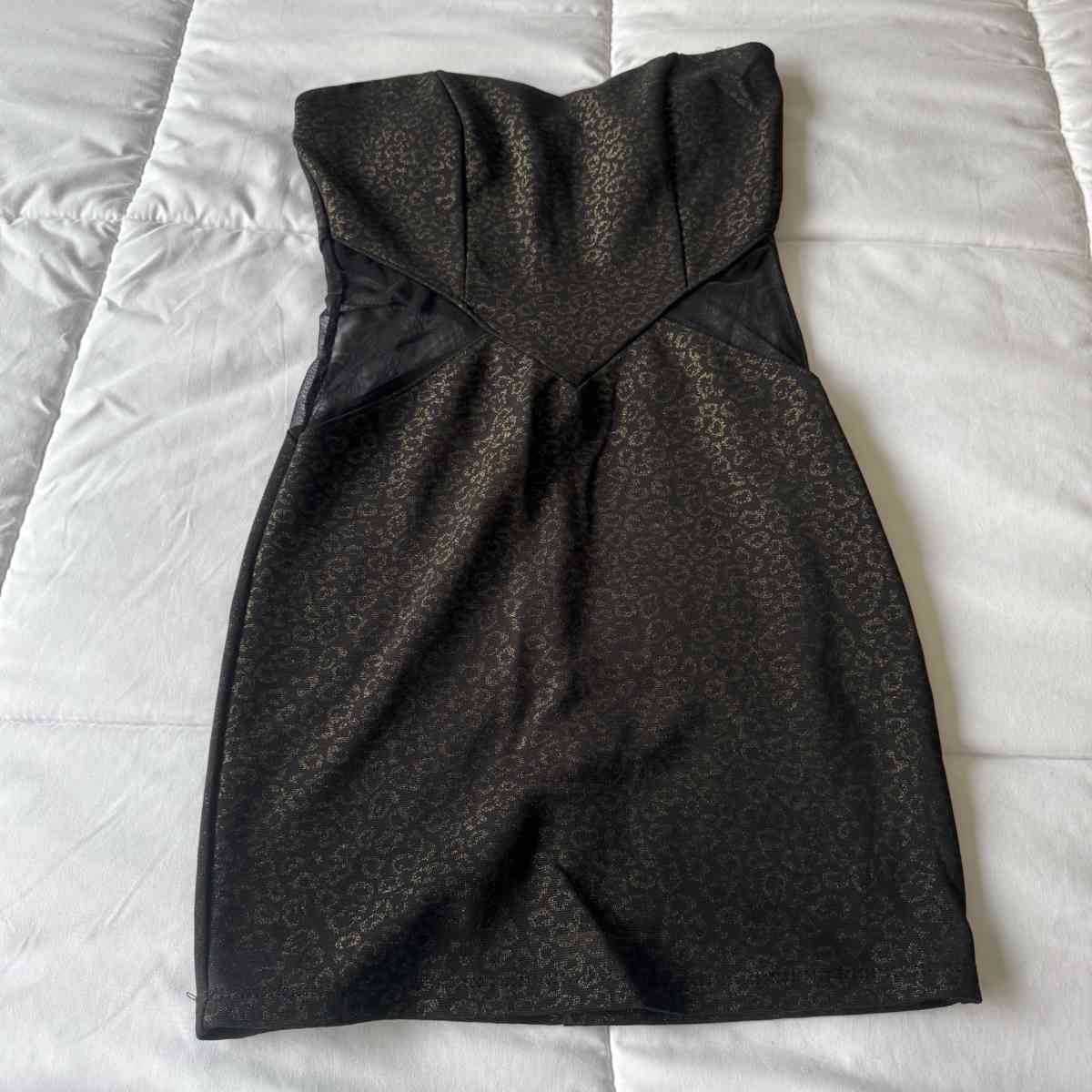 Strapless Black  Gold Animal Print Bodycon Dress with Mesh S - Los Angeles, California - FleaMarketBay