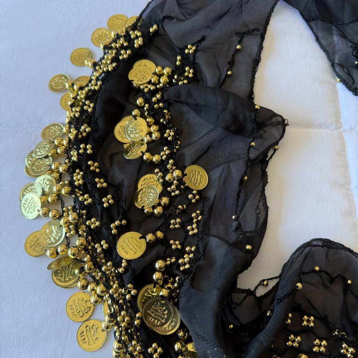 Black Chiffon Belly Dance Hip Scarf with Gold Coin Trim  Tri - Los Angeles, California - FleaMarketBay