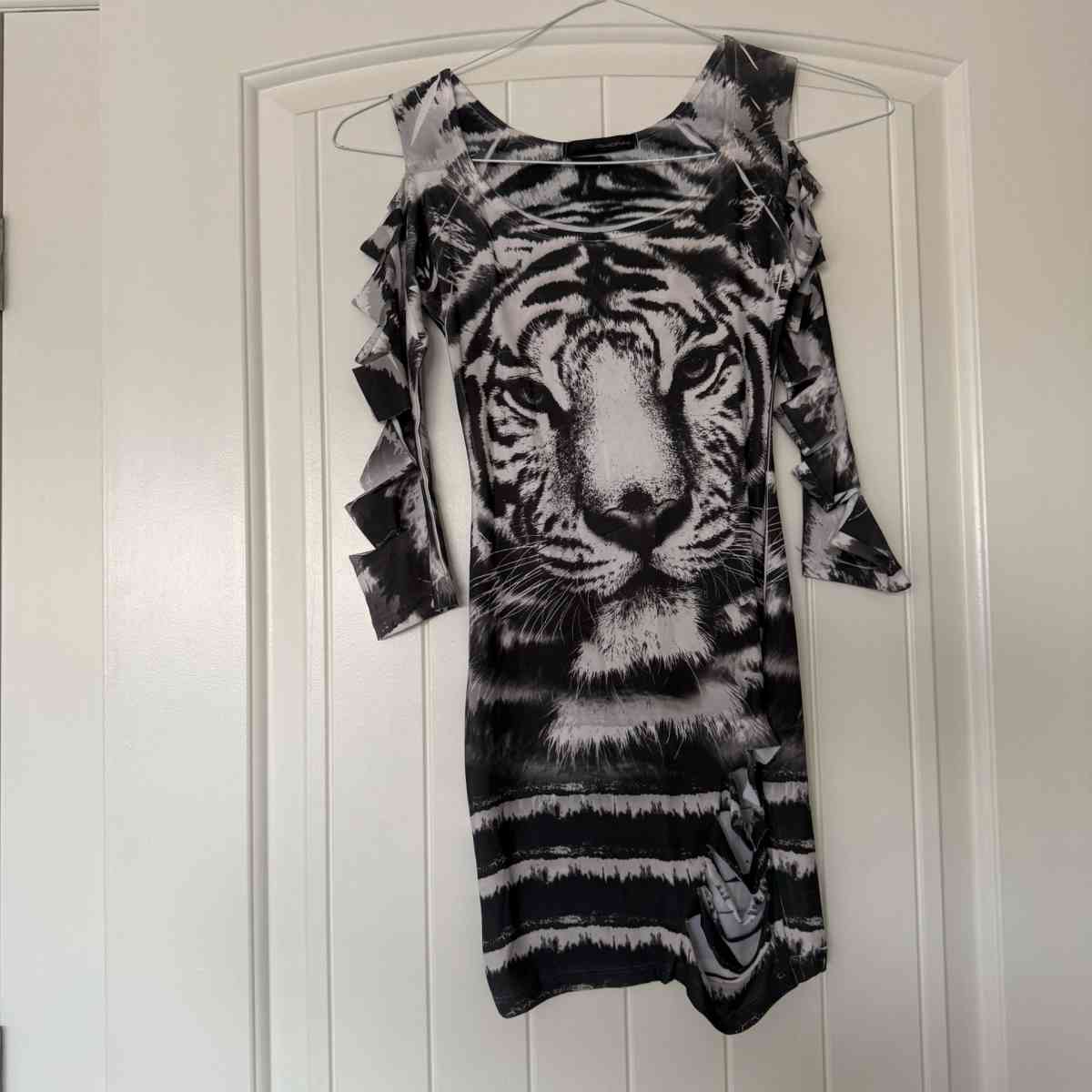 Black  White Tiger Print Bodycon Dress with Ladder CutOut Sl - Los Angeles, California - FleaMarketBay