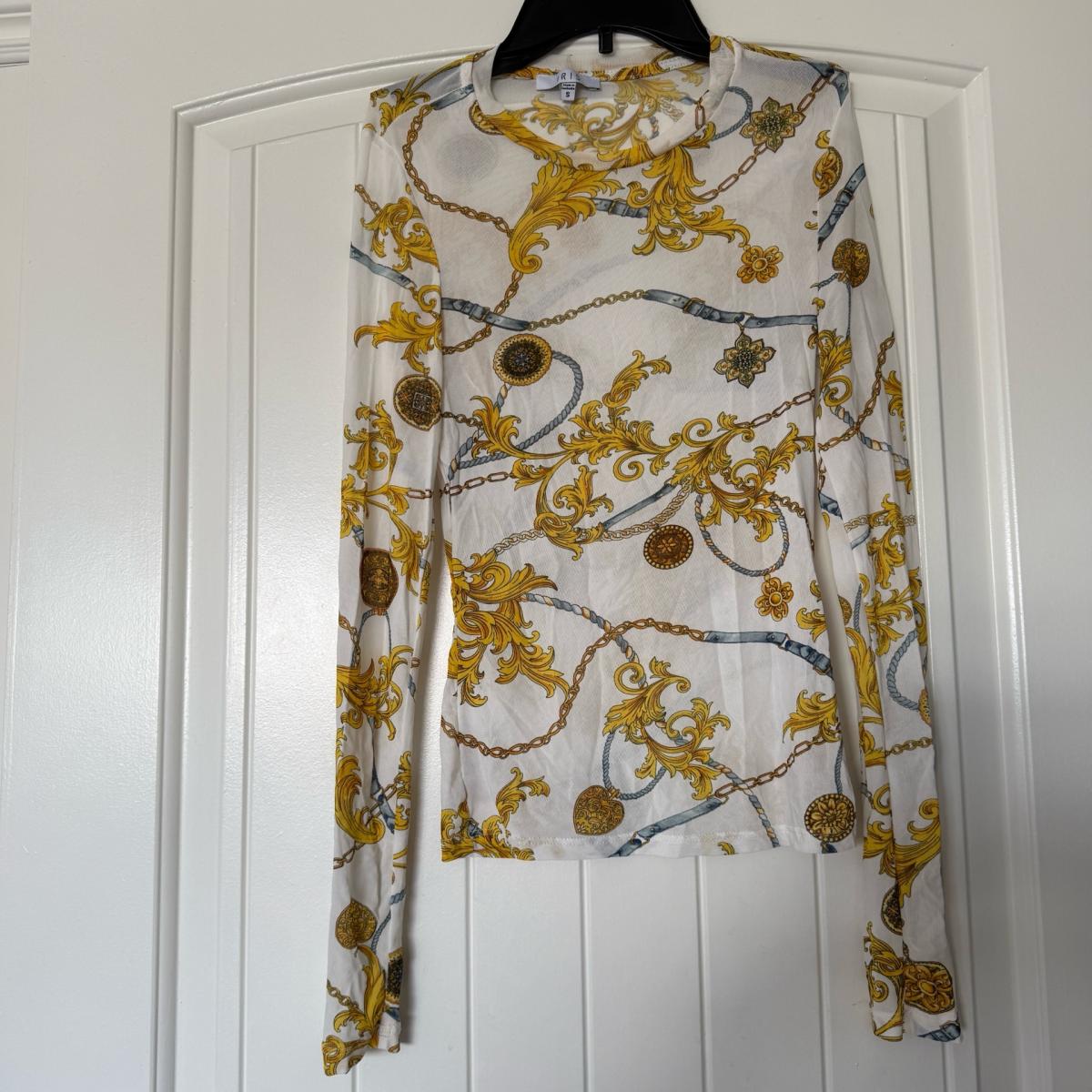Gold Baroque Chain Print Sheer Mesh Long Sleeve Top  Size Sm - Los Angeles, California - FleaMarketBay