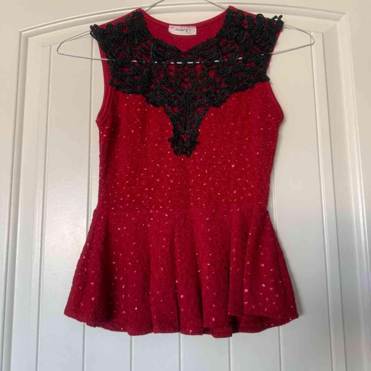 New Red Peplum Top with Black Lace Statement Neckline S - Los Angeles, California