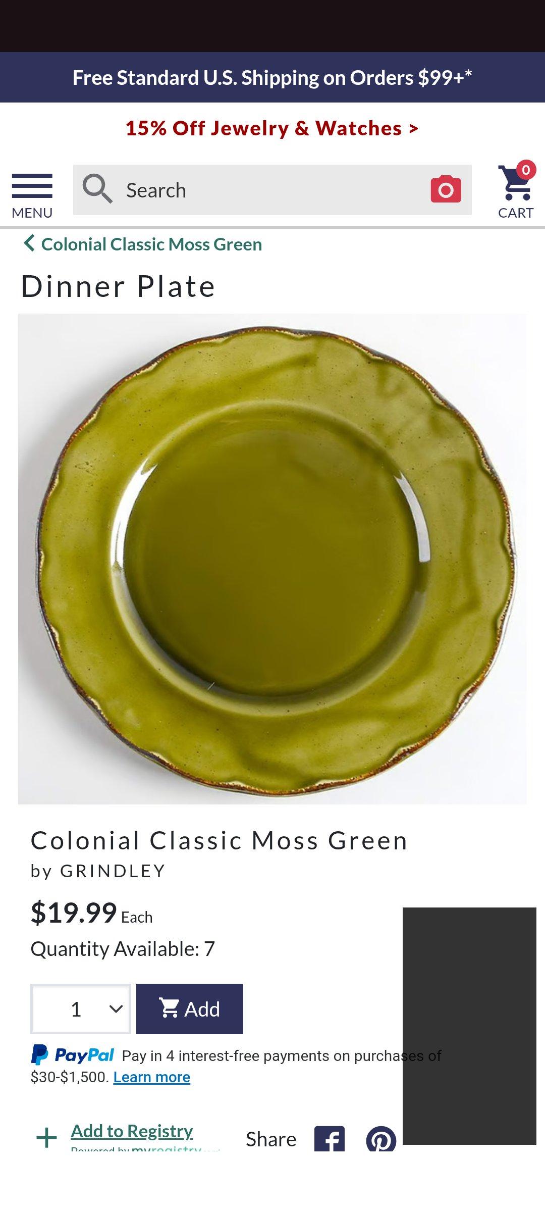 3 Grindley Colonial Classic Moss Green Dinner Plate - Corning, Arkansas - FleaMarketBay