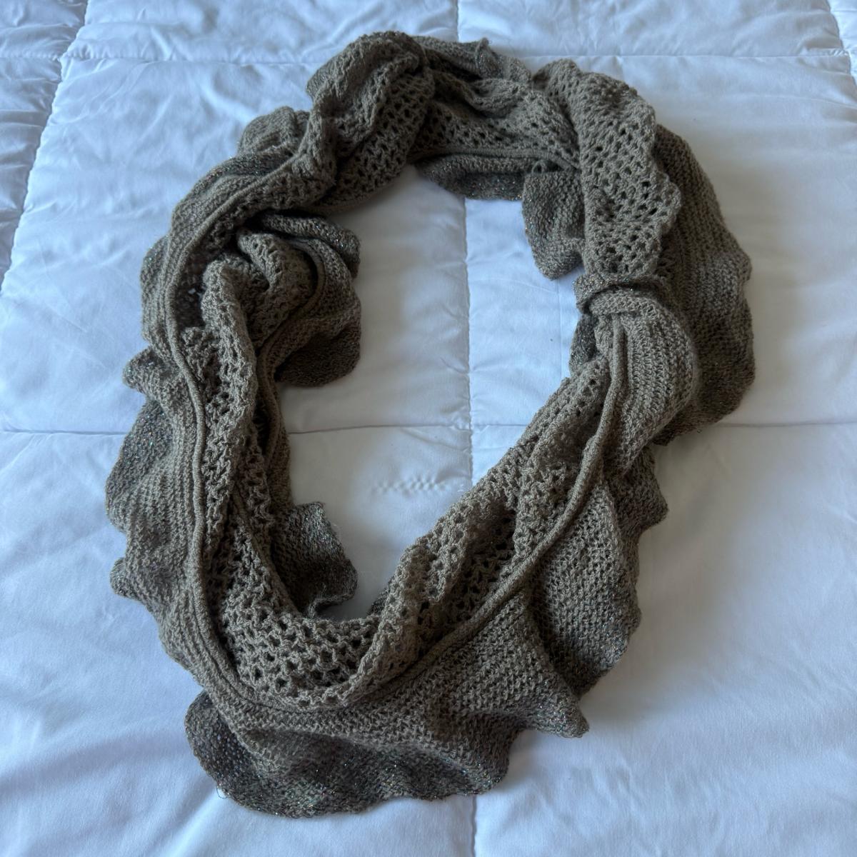 Taupe Metallic Knit Infinity Scarf with Ruffled Edge - Los Angeles, California