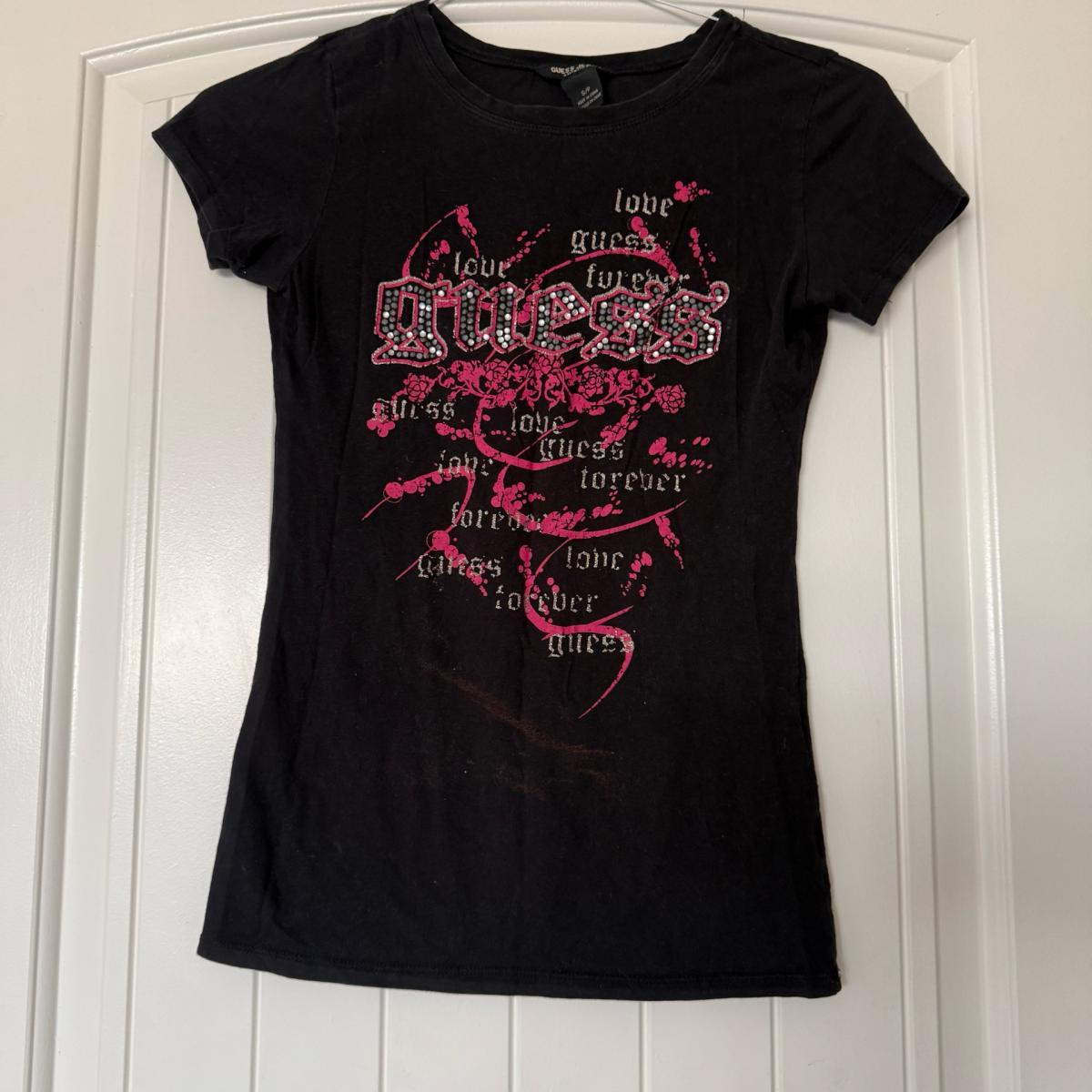 GUESS Jeans Womens Black Rhinestone Logo Graphic Tee Small Y