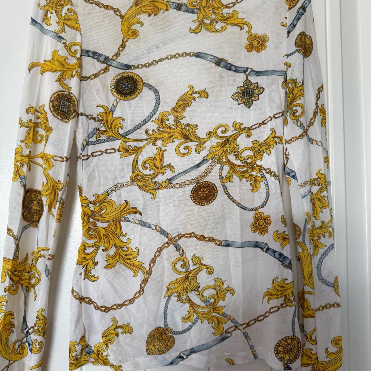 Gold Baroque Chain Print Sheer Mesh Long Sleeve Top  Size Sm - Los Angeles, California - FleaMarketBay