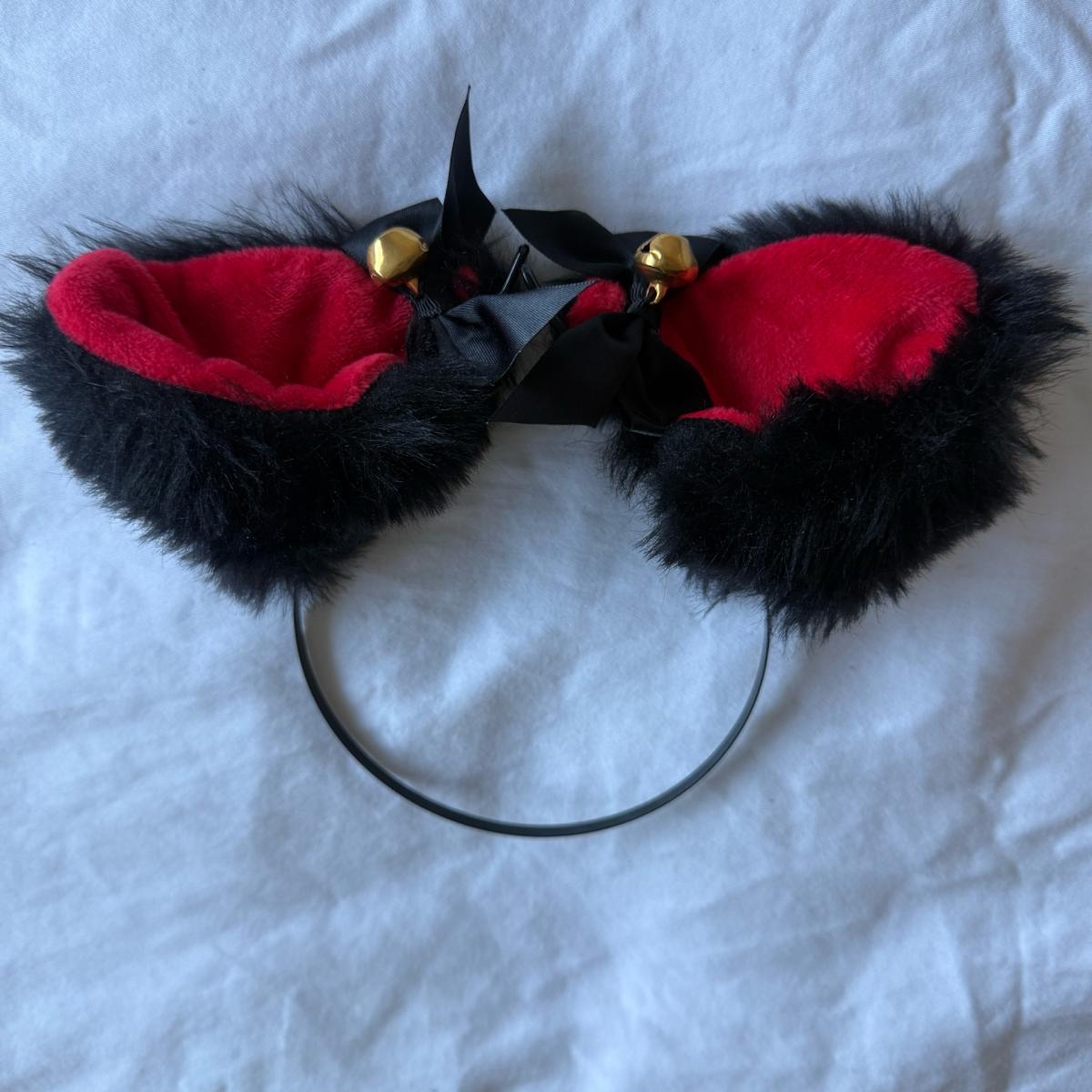 Gothic Black  Red Faux Fur Cat Ears Headband with Gold Bells - Los Angeles, California - FleaMarketBay