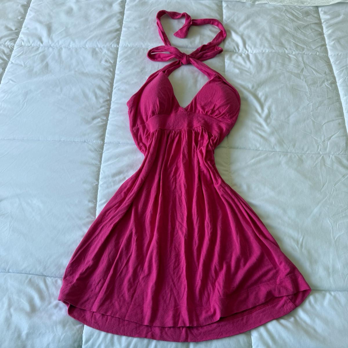 Hot Pink Halter Babydoll Mini Dress  XS  Open Back Tie Neck - Adelanto, California - FleaMarketBay