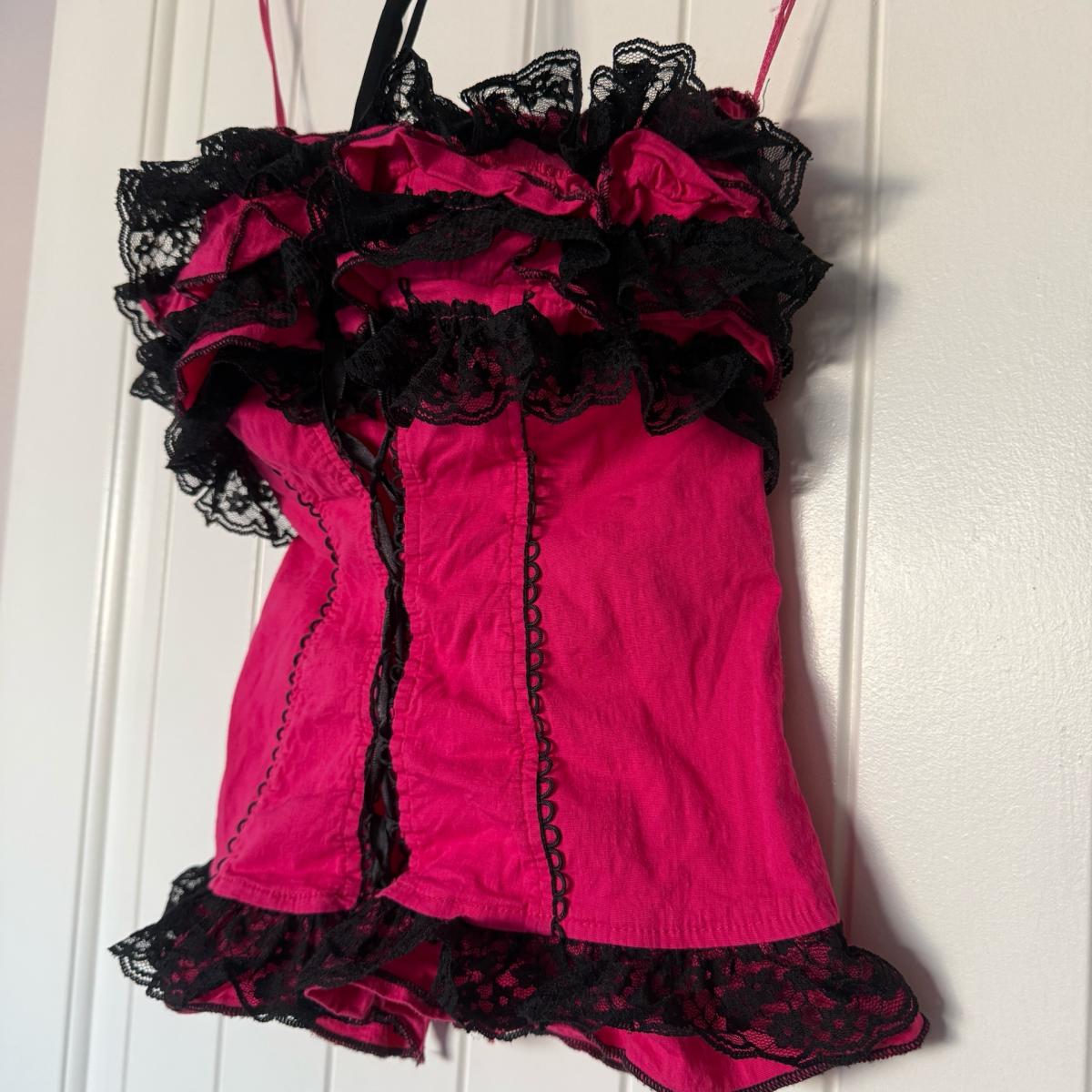 Strapless Hot Pink  Black Lace Ruffled Bustier Top  Padded - Los Angeles, California - FleaMarketBay