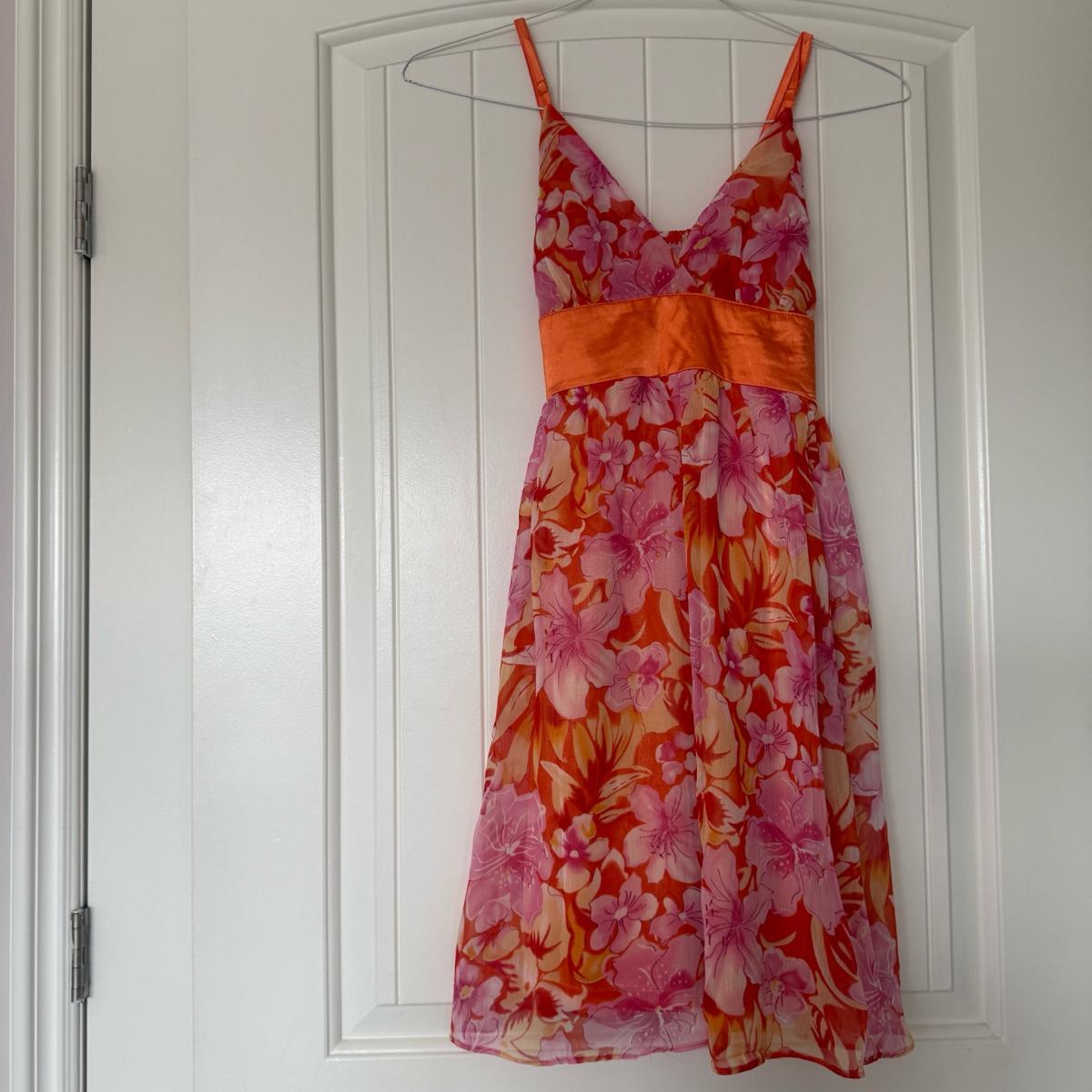 Vibrant Orange  Pink Floral Chiffon Dress with Satin Waistba - Los Angeles, California