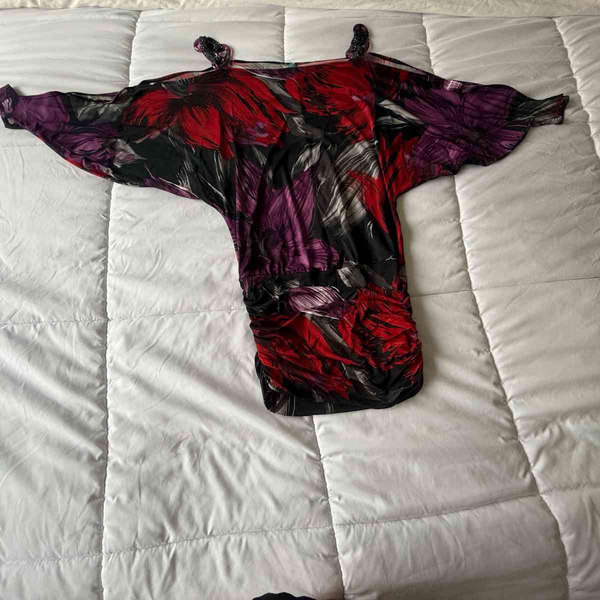 Brand New OneShoulder Ruched Longline Top  Red  Purple Abstr - Los Angeles, California - FleaMarketBay