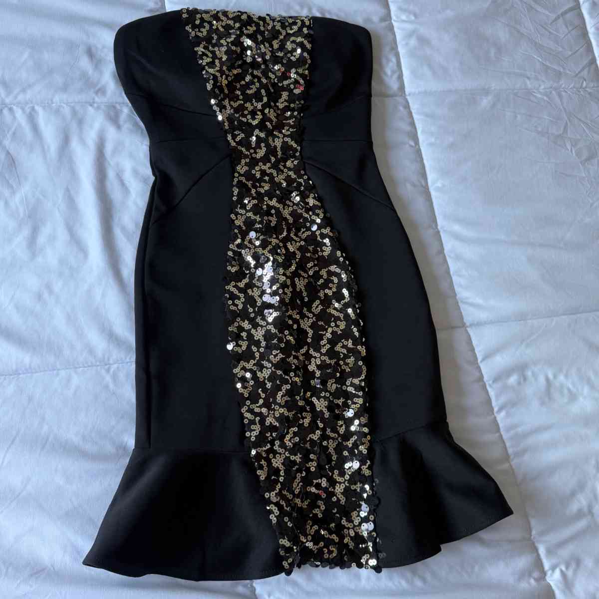 Glam Strapless Black Cocktail Dress with Gold Sequin Panel - Los Angeles, California