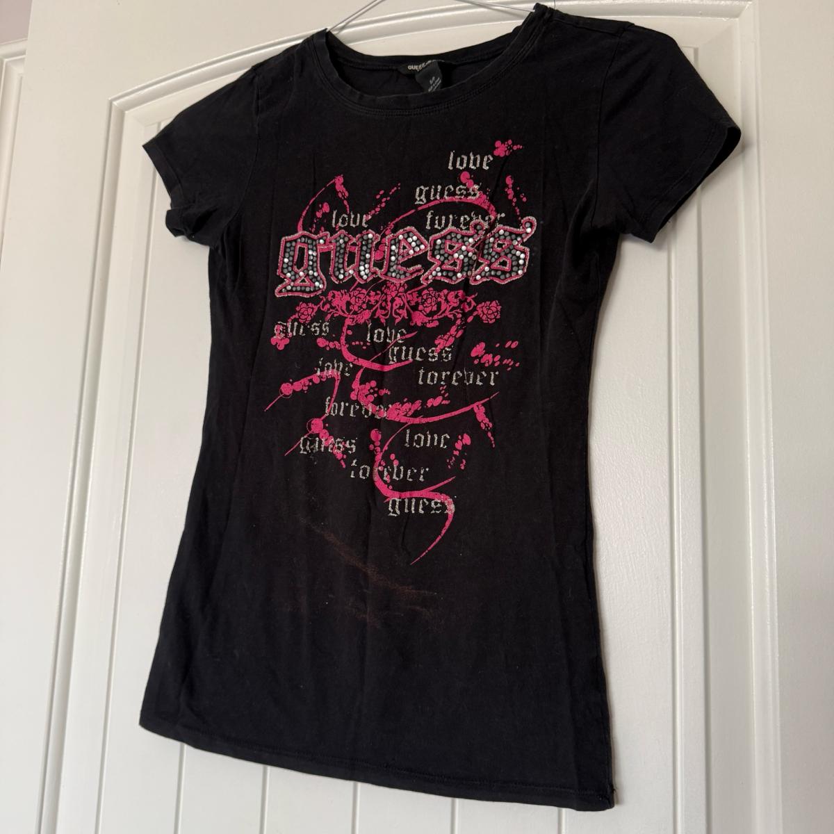 GUESS Jeans Womens Black Rhinestone Logo Graphic Tee Small Y - Los Angeles, California - FleaMarketBay