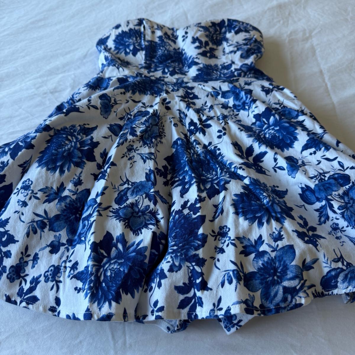 Blue Toile Floral Strapless Skater Dress  Fit  Flare Party - Los Angeles, California - FleaMarketBay