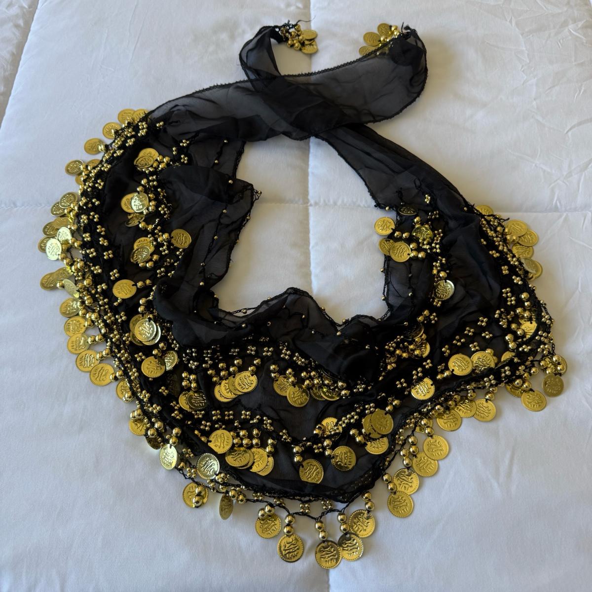 Black Chiffon Belly Dance Hip Scarf with Gold Coin Trim  Tri - Los Angeles, California