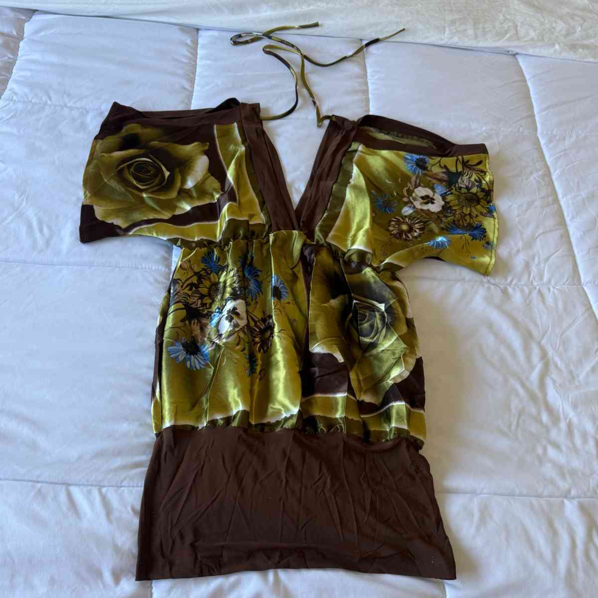 SilkFeel Boho Halter Blouse  Olive Floral Empire Waist State - Los Angeles, California