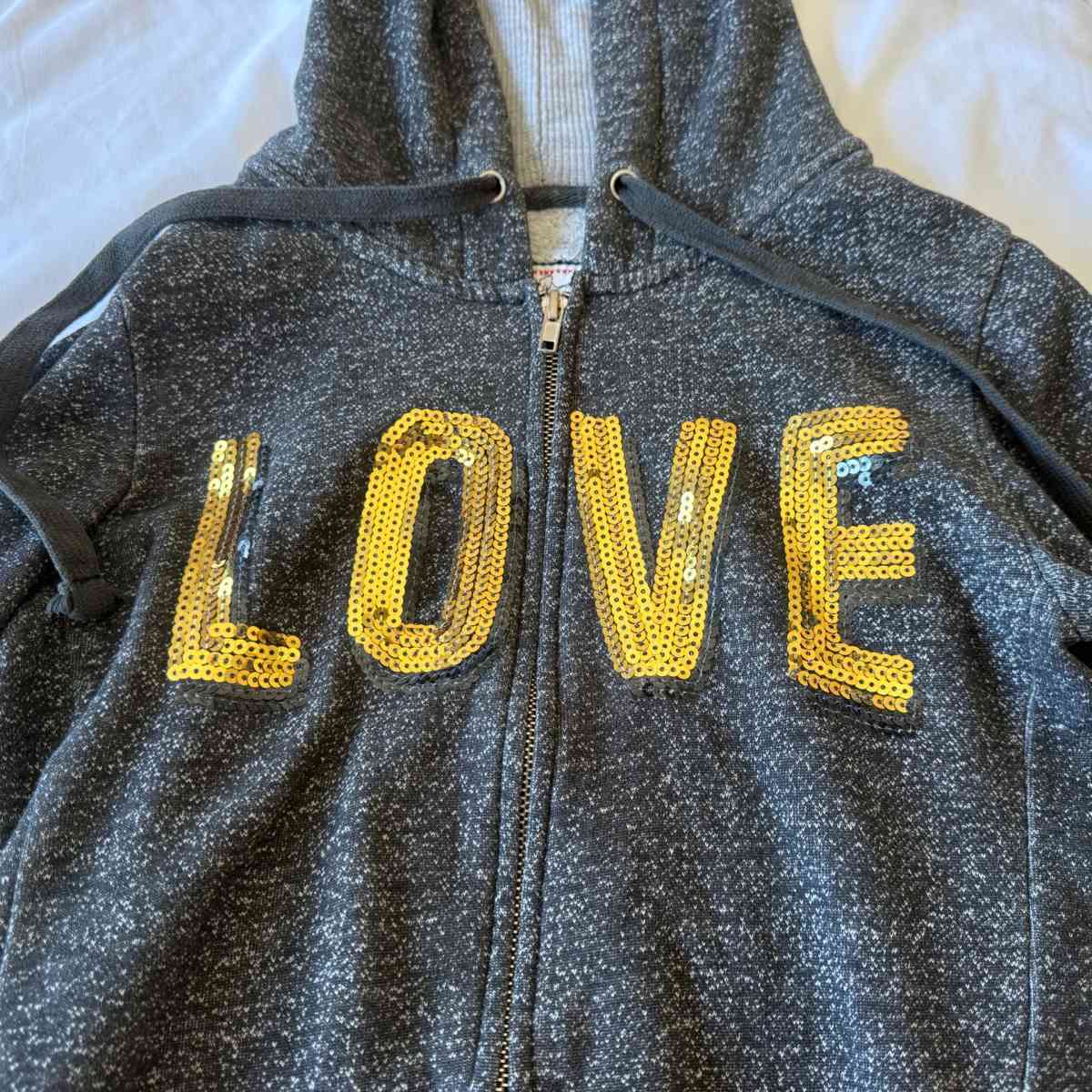 Womens Charcoal ZipUp Hoodie with Gold Sequin LOVE Graphic - Los Angeles, California - FleaMarketBay