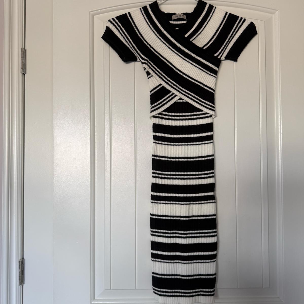 Brand New Ribbed Knit Black  Cream Striped Wrap Midi Dress - Los Angeles, California