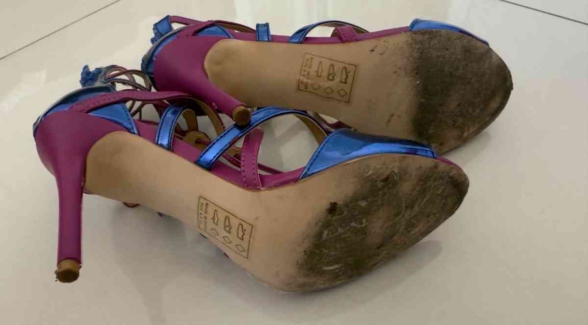 ShoeDazzle Metallic Blue  Fuchsia Strappy Heels Size 65  Wor - Los Angeles, California - FleaMarketBay