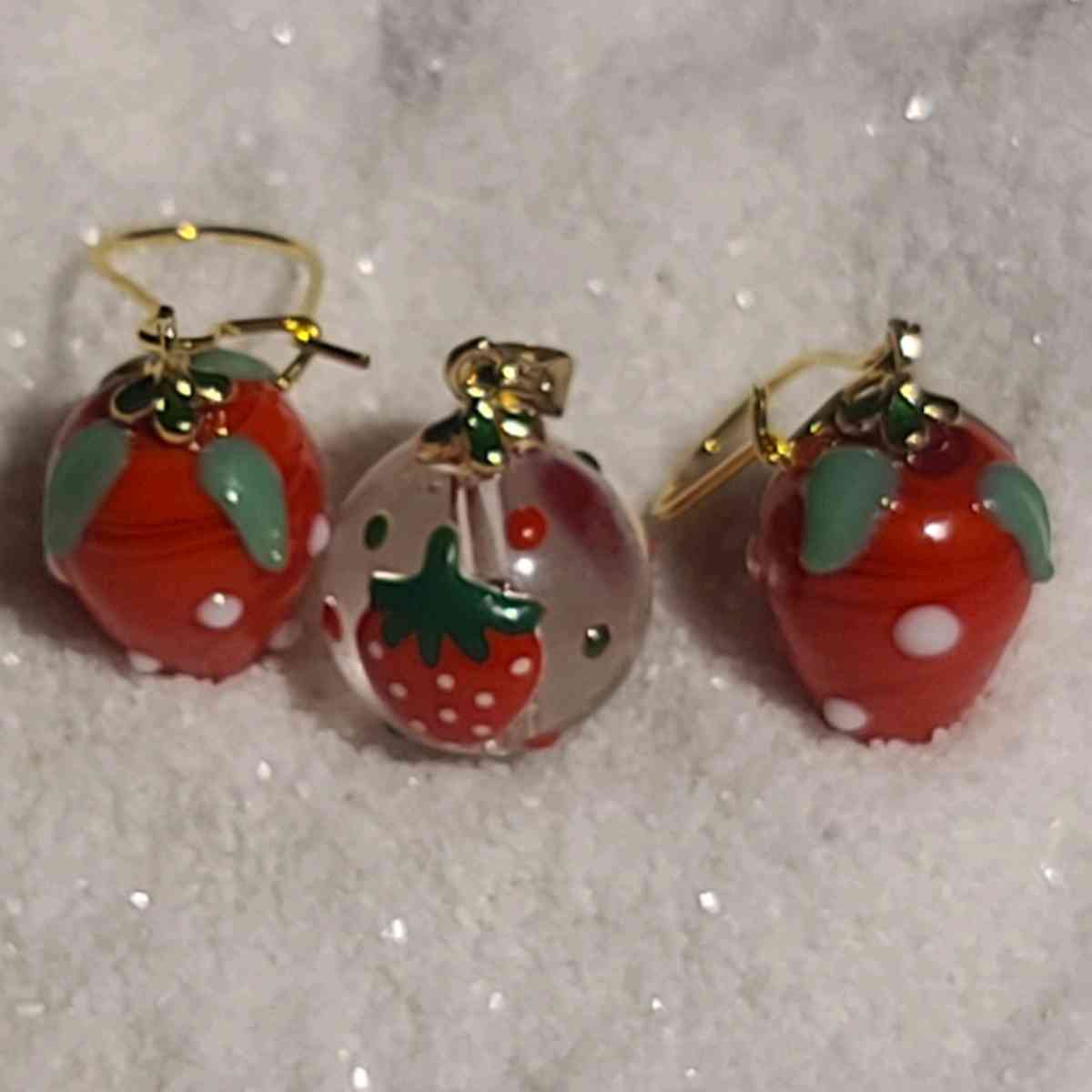 Red Strawberries Murano Glass Earrings and Pendant Set - Detroit, Michigan - FleaMarketBay