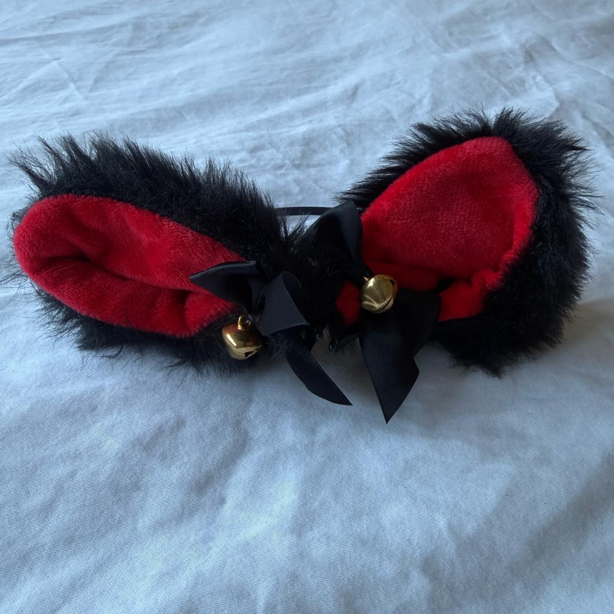 Gothic Black  Red Faux Fur Cat Ears Headband with Gold Bells - Los Angeles, California