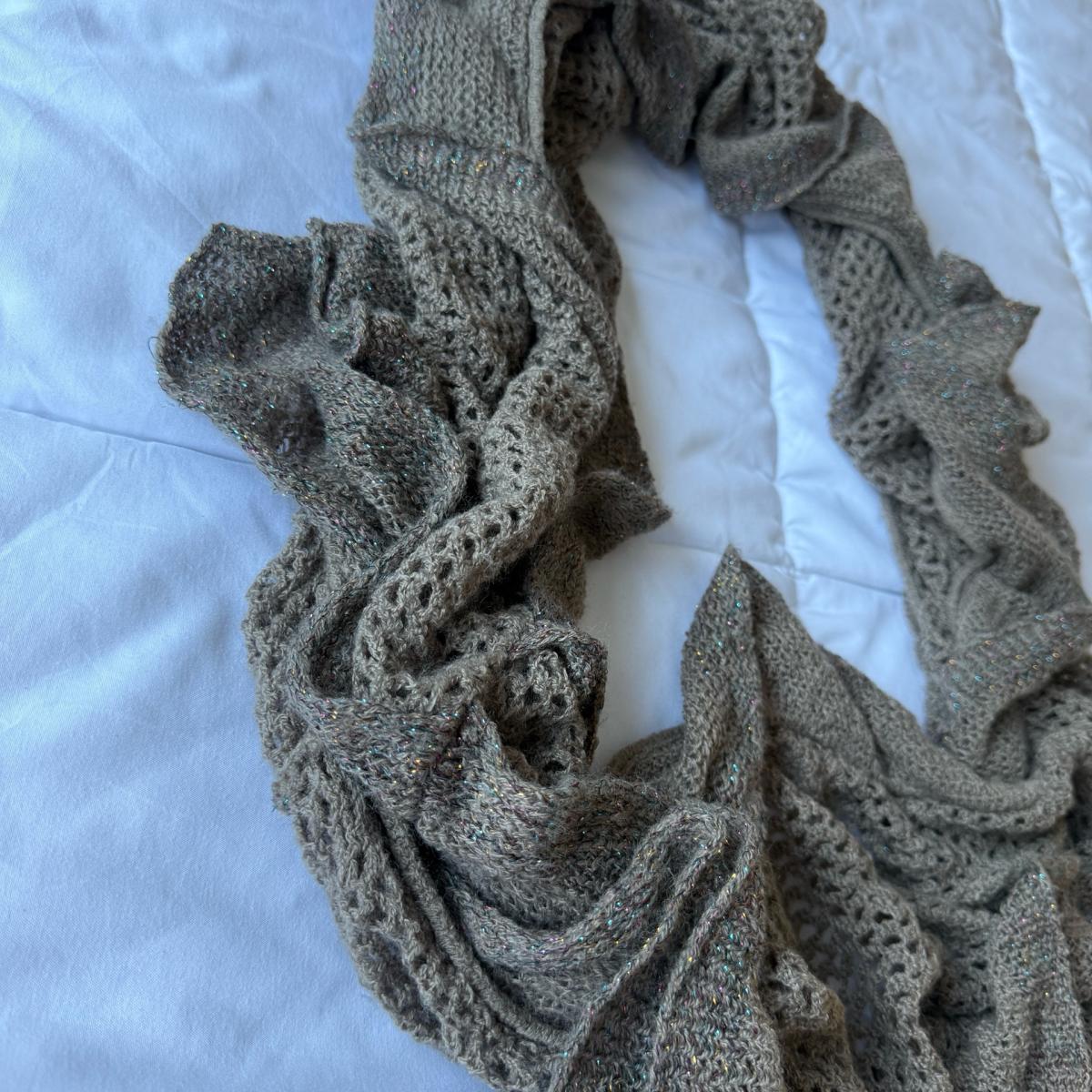 Taupe Metallic Knit Infinity Scarf with Ruffled Edge - Los Angeles, California - FleaMarketBay
