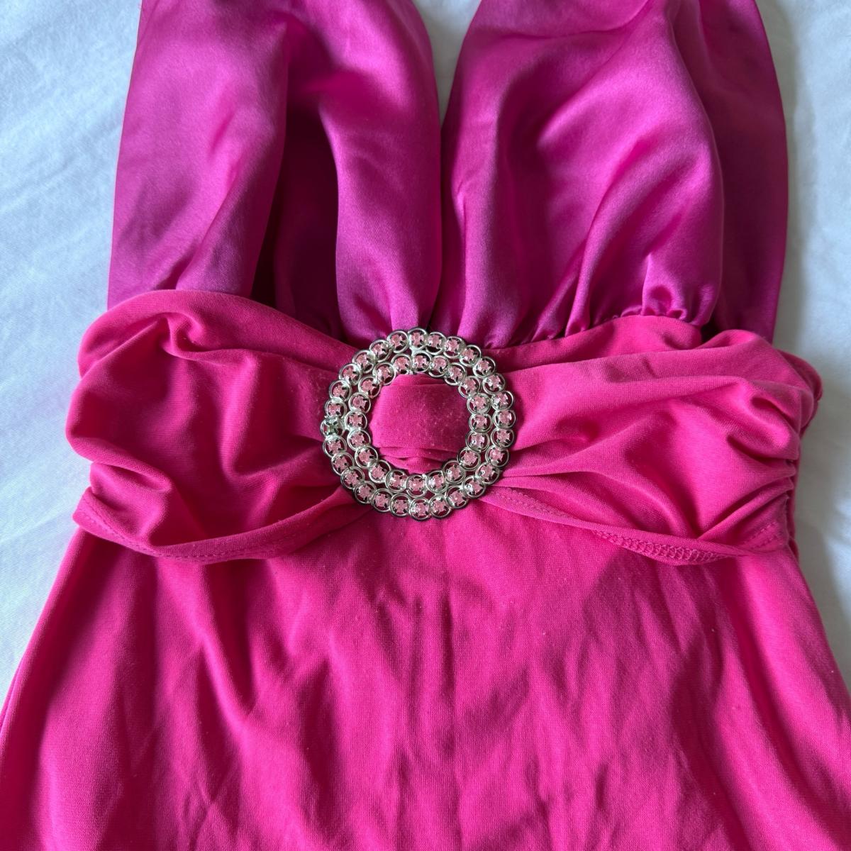 Hot Pink Satin Halter Top w Rhinestone Buckle  Deep V Party - Los Angeles, California - FleaMarketBay