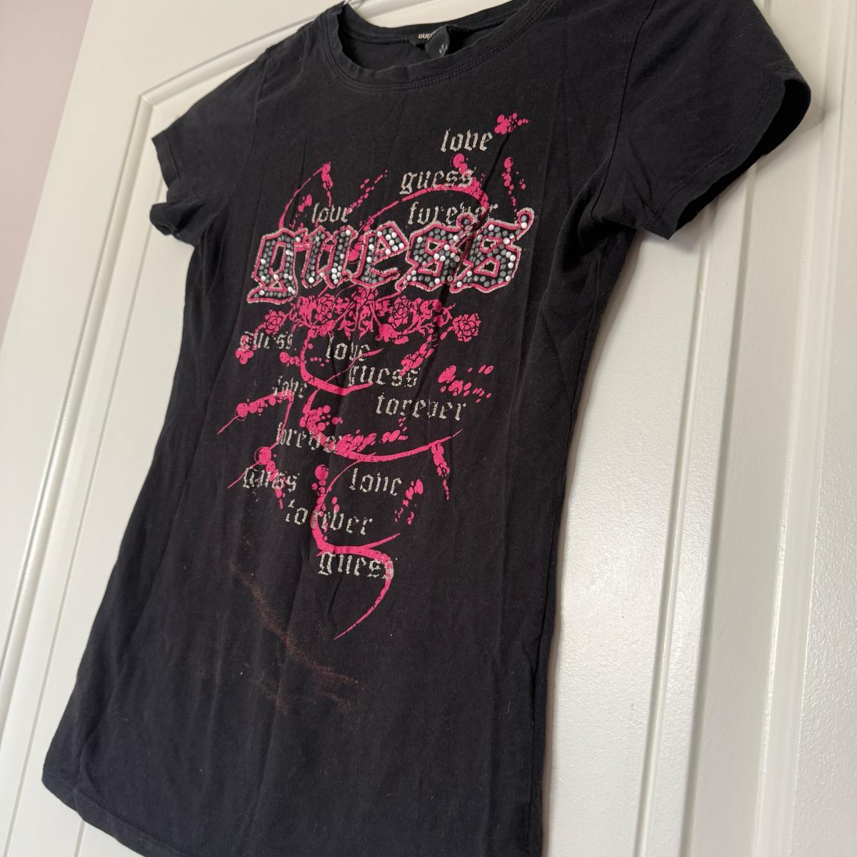 GUESS Jeans Womens Black Rhinestone Logo Graphic Tee Small Y - Los Angeles, California - FleaMarketBay