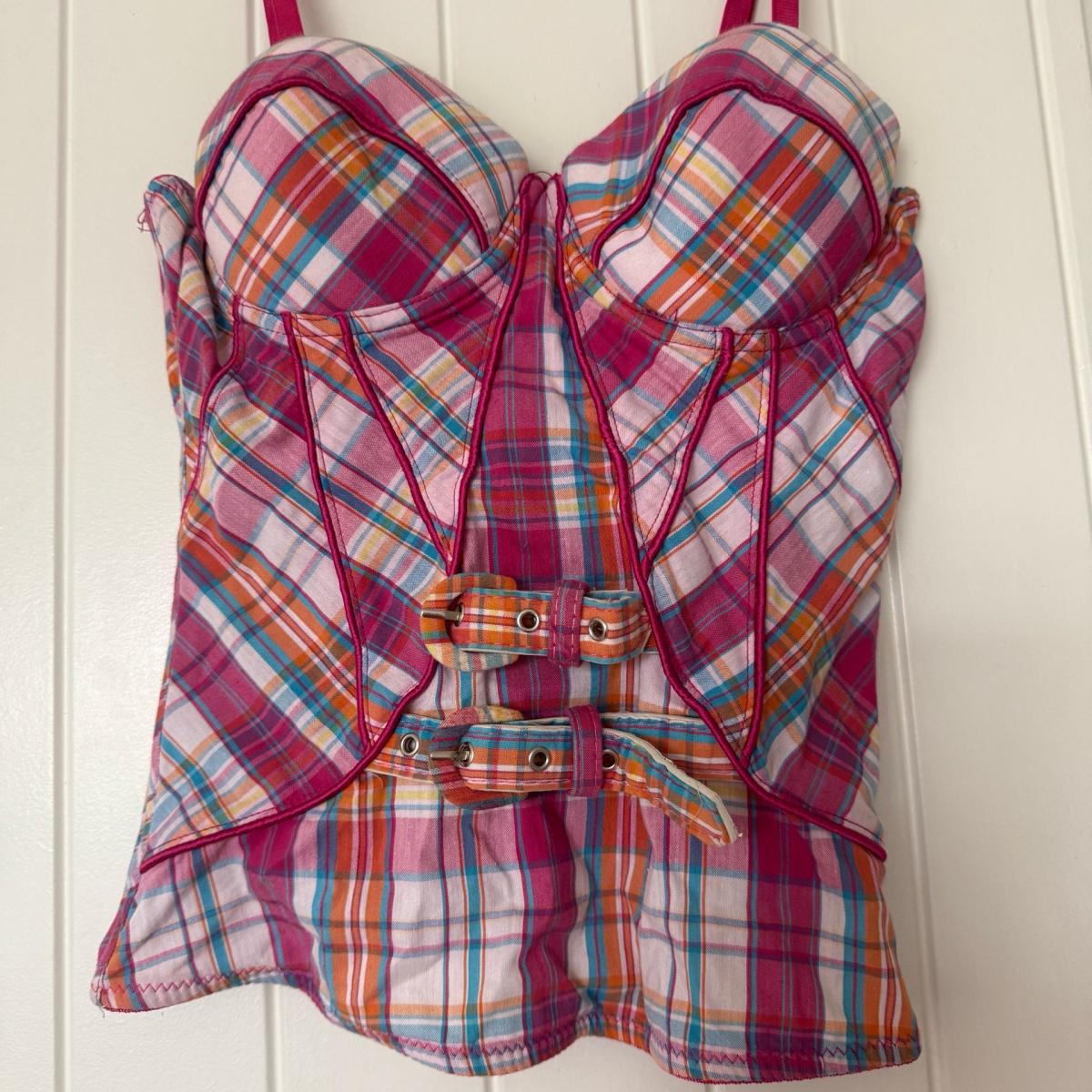 Pink Plaid Corset Bustier Top  Y2K Structured Boned Crop w B - Los Angeles, California - FleaMarketBay