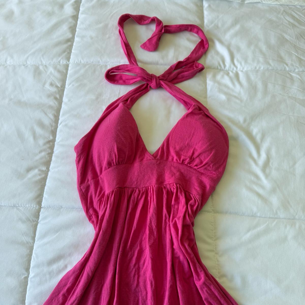 Hot Pink Halter Babydoll Mini Dress  XS  Open Back Tie Neck - Adelanto, California - FleaMarketBay