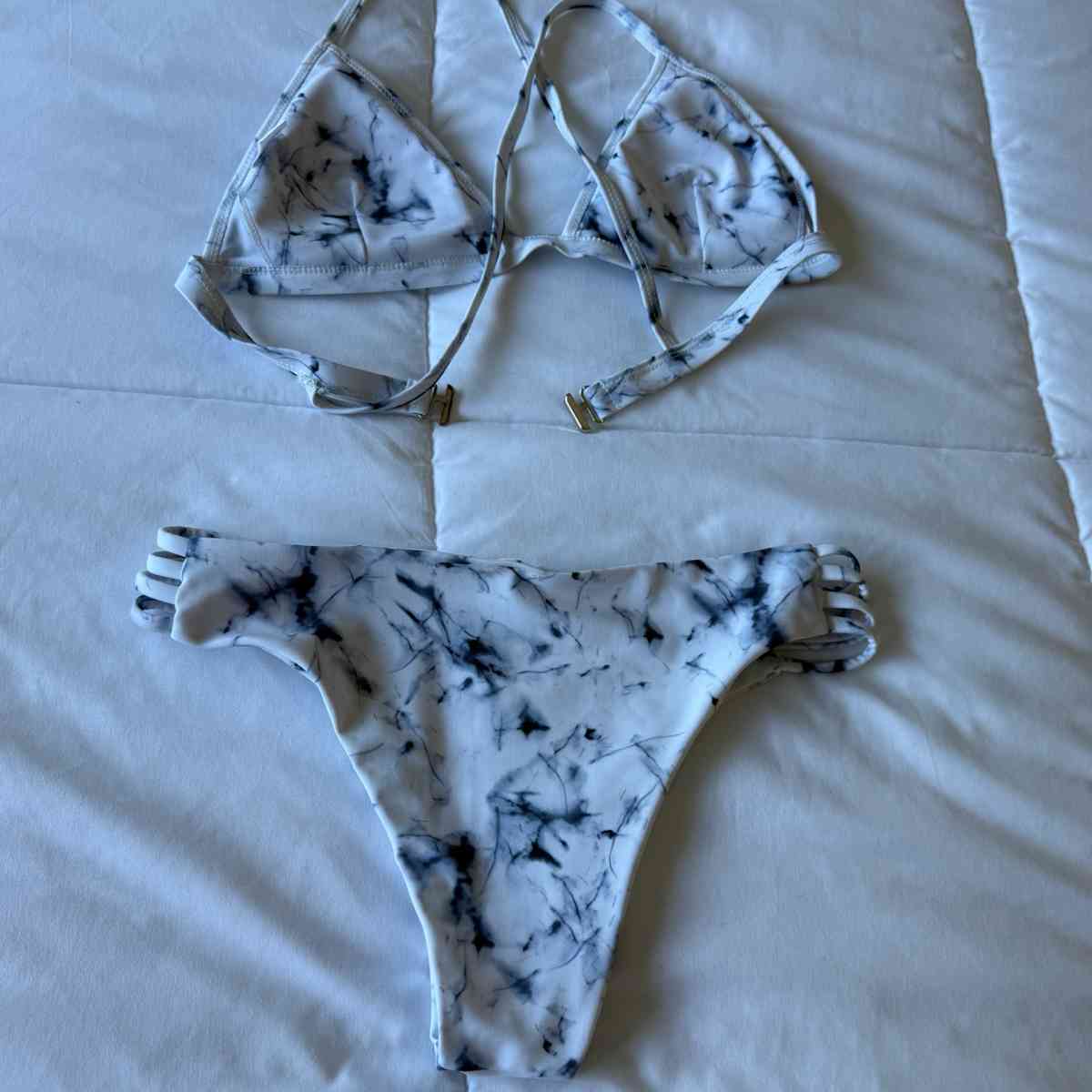 White Marble TieDye Padded Triangle Bikini Set  Strappy High - Los Angeles, California - FleaMarketBay