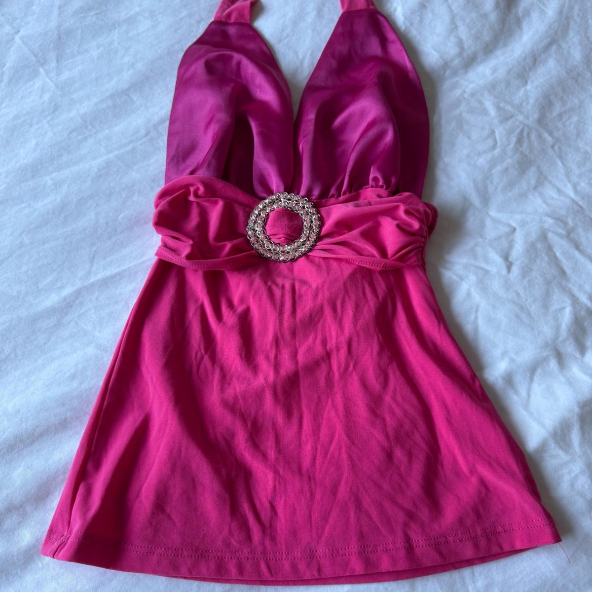 Hot Pink Satin Halter Top w Rhinestone Buckle  Deep V Party - Los Angeles, California - FleaMarketBay