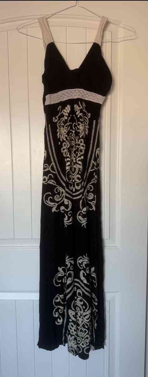 Bohemian Black Embroidered Midi Dress  Folk Floral Stitching - Los Angeles, California