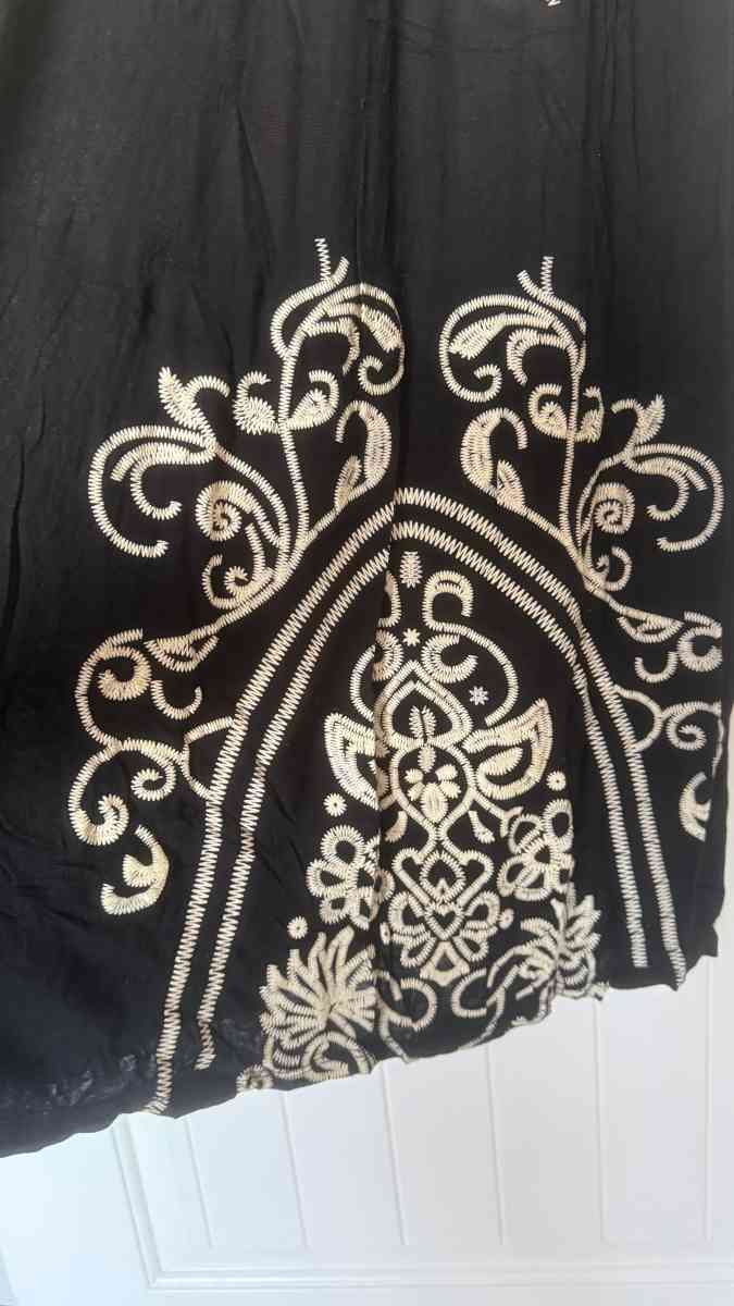 Bohemian Black Embroidered Midi Dress  Folk Floral Stitching - Los Angeles, California - FleaMarketBay