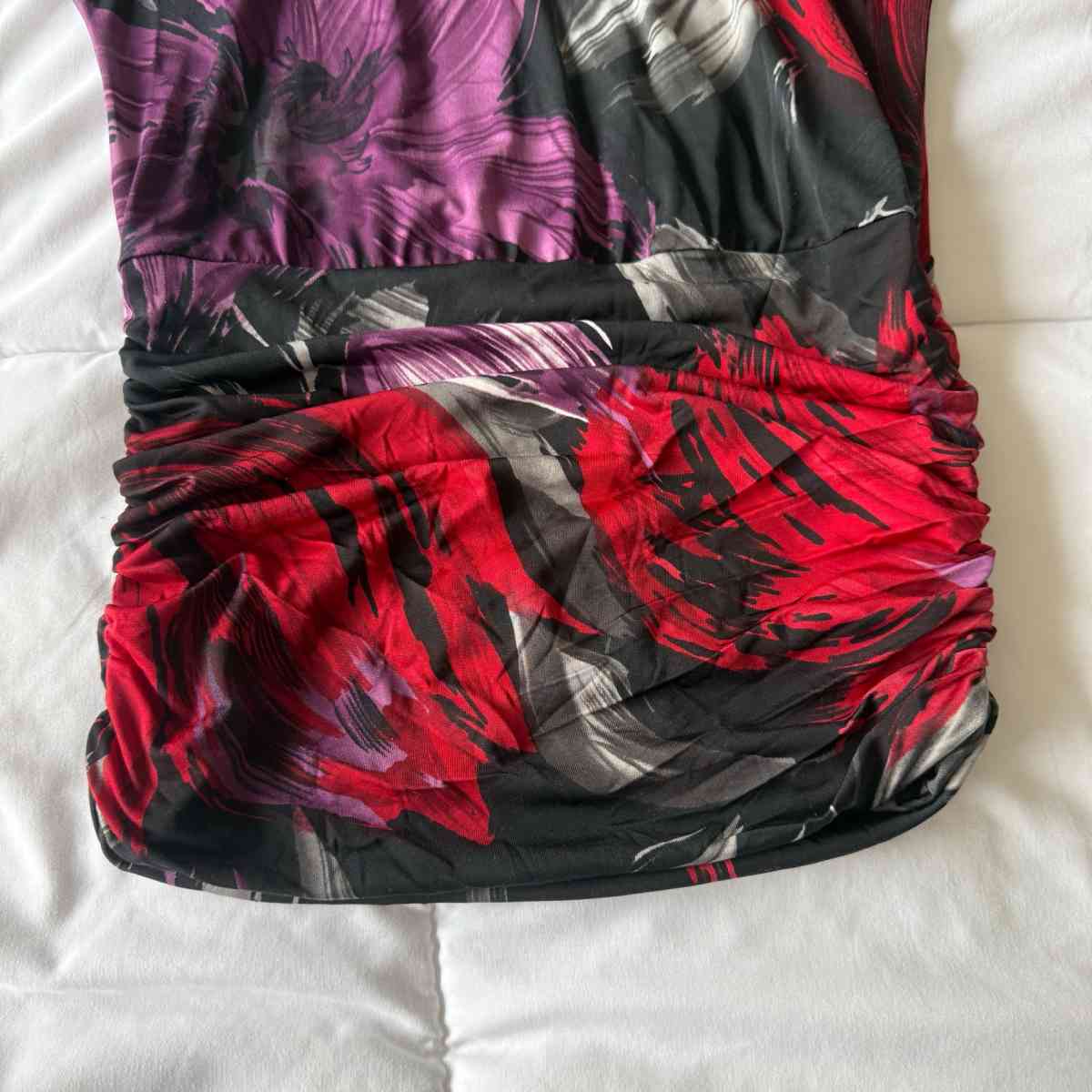 Brand New OneShoulder Ruched Longline Top  Red  Purple Abstr - Los Angeles, California - FleaMarketBay
