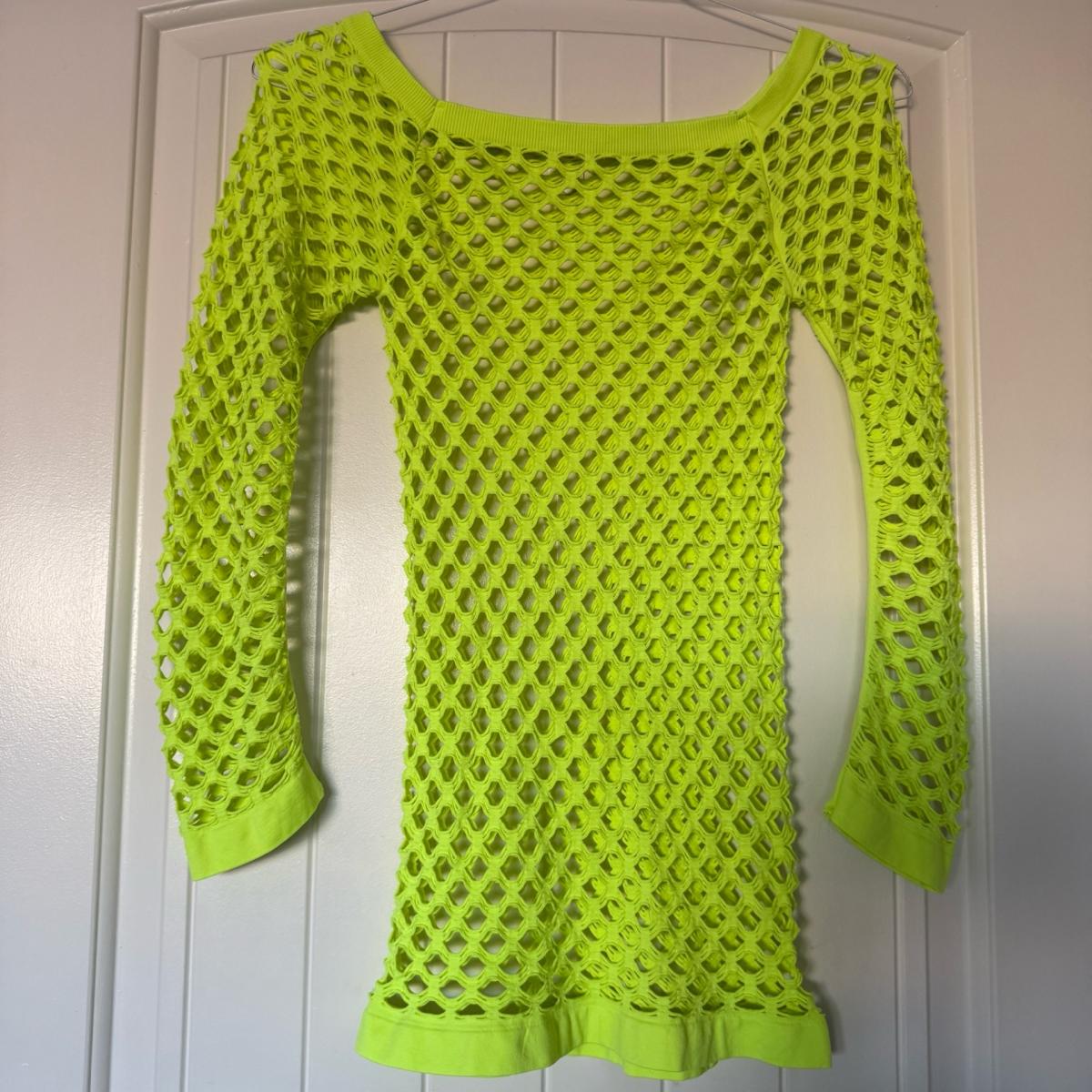 Neon Lime Green Fishnet Mesh Long Sleeve Tunic  Y2K Festival - Los Angeles, California - FleaMarketBay